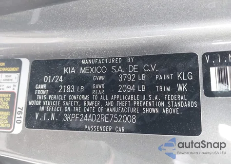 2024 Kia Forte Lxs z USA, uszkodzony, nr VIN 3KPF24AD2RE752008